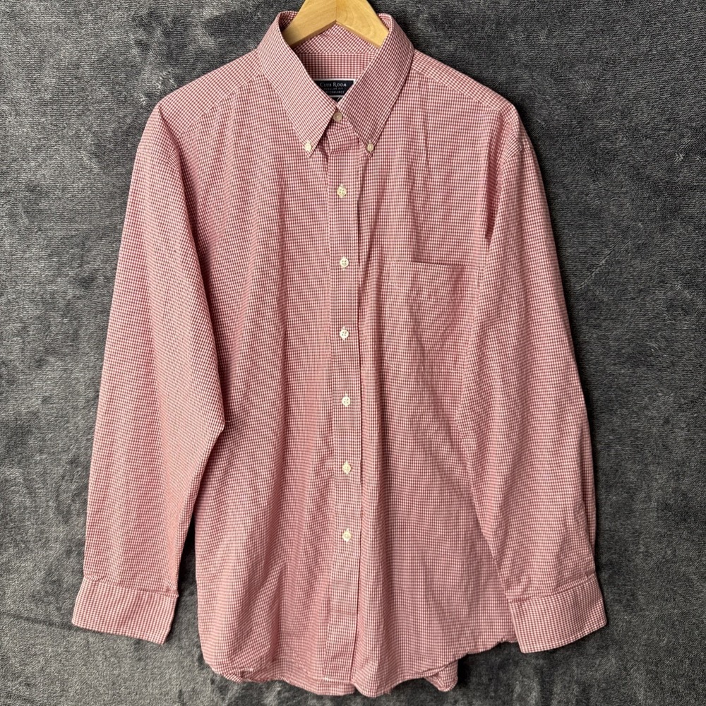 Club Room Button‎ Down Men 17.5 Red Long Sleeve Gingham Performance Wrinkle Free